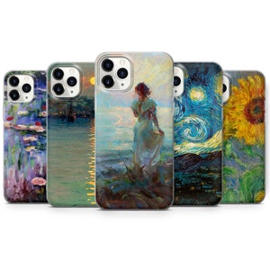 May include: Five different iPhone cases featuring a variety of artistic designs. The cases depict a woman standing in a field, a starry night sky, a sunflower, water lilies, and a lake scene.