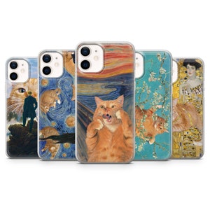 Custodia per telefono con parodia di gatto zenzero in arte moderna per iPhone 16, 15, 14, 13, 12, 11, SE, X, Pixel 9, 8, 8A, 7, 6, Samsung S25, 24, S23, S22, S21