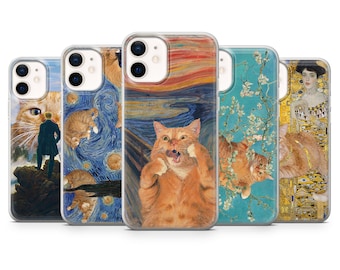 Coque de portable parodie chat roux dans l'art moderne pour iPhone 15, 14, 13, 12, 11, SE, XR, XS, 8, Pixel 8 Pro, 7A, 7, 6, Samsung S24, S23, S22, S21