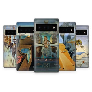 May include: Set of five phone cases featuring different surrealist paintings by Salvador Dalí. The cases are all clear and show the paintings in full color. The paintings include "The Persistence of Memory", "The Dream", "The Metamorphosis of Narcissus", "The Hallucinogenic Toreador", and "The Last Supper."