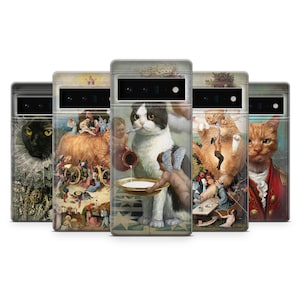 Può includere: Cinque diverse custodie per telefono con gatti in vari stili artistici. Le custodie sono tutte nere e hanno una forma rettangolare. I gatti sono raffigurati in una varietà di pose e ambientazioni, tra cui un gatto nero con un collare bianco, un gatto bianco con segni neri che versa latte, un gatto con una corona, un gatto con un mantello rosso e oro, e un gatto con un mantello bianco e marrone.