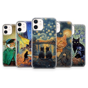 Cat in Van Gogh Art Parody Phone Case for iPhone 16, 15, 14, 13, 12, 11, SE, X, Pixel 9, 8, 8A, 7, 6, Samsung S25, 24, S23, S22, S21, A15