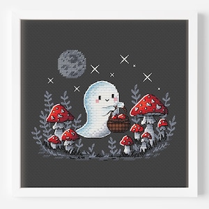 Korsstygnsmönster med spöken och svampar: Halloween-handbroderi (PDF-diagram för direktnedladdning)