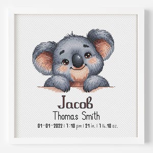 Patrón de punto de cruz personalizado para anuncio de nacimiento de koala, estadísticas de nacimiento del bebé, descarga instantánea en PDF, decoración infantil, recuerdo hecho a mano.