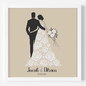 Modèle personnalisé de point de croix de silhouette de couple de mariage, conception personnalisable de jeunes mariés, noms et date d'anniversaire romantiques personnalisés