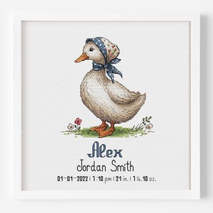May include: A framed cross-stitch depicting a duck wearing a blue and white headscarf. The duck is positioned on a patch of grass with small flowers. The name "Alex" and other details are written below the duck.