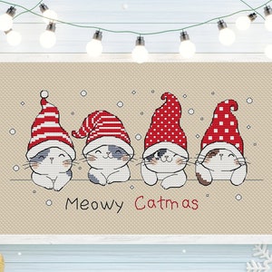 Set di 4 gatti di Natale Schema punto croce, ricamo natalizio, download istantaneo PDF, arte del gatto, piccolo punto croce, Merry Catmas