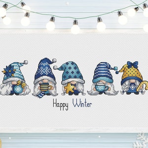 Winter Gnomes Cross Stitch, Gnomes Embroidery Design, Fairy Gnome Winter Needlepoint Pattern, Digital File Instant Download PDF Pattern