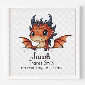 Echantillon de naissance dragon bébé, motif point de croix, nom et date personnalisés, faire-part nouveau-né PDF, décoration de chambre d'enfant fantaisie