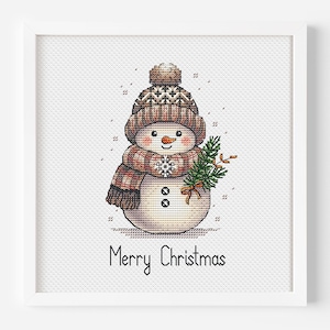 Op de afbeelding: Een ingelijst kruissteekkunstwerk met een sneeuwpop met een bruine hoed en sjaal. De sneeuwpop houdt een takje groen en een sneeuwvlok vast. De woorden "Merry Christmas" staan eronder geschreven.
