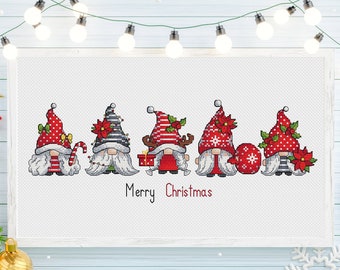 Noël point de croix motif PDF, motif de broderie de gnomes de Noël, Gnome fée elfe lutin hiver mignon drôle compté téléchargement immédiat