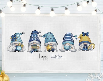 Winter Gnomes Cross Stitch, Gnomes Embroidery Design, Fairy Gnome Winter Needlepoint Pattern, Digital File Instant Download PDF Pattern