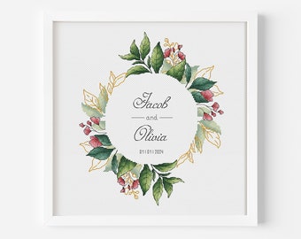 Wedding Cross Stitch Patterns PDF, Customizable Handmade Floral Wreath Custom Wedding Embroidery, Create Your Custom Wedding Gift and Decor