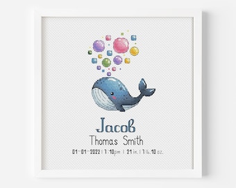 Könnte beinhalten: Ein blauer Wal mit einem lächelnden Gesicht bläst bunte Blasen. Der Text darunter lautet "Jacob Thomas Smith 01-01-2022/1:10pm | 21 in. 1 116.10 oz."