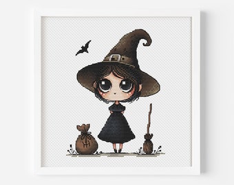 Patrón de punto de cruz de bruja, diseño de bordado a mano DIY de Halloween gótico ocultista moderno, linda brujería de terror cottagecore, descarga digital en PDF