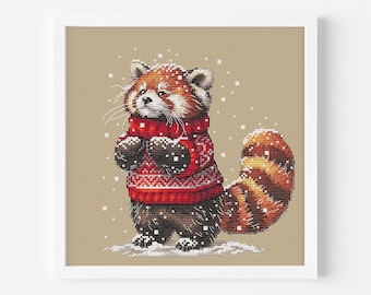 Panda roux en pull, motif point de croix, ami flou, ours rouge, conception détaillée hiver, broderie à la main, téléchargement immédiat, fichier numérique PDF