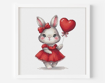 bunny in red dress Rabbit in a Red Dress Holding Heart Balloon, Bunny Cross Stitch, Valentines  Day Gift Hand Embroidery Instant Download PDF Printable File