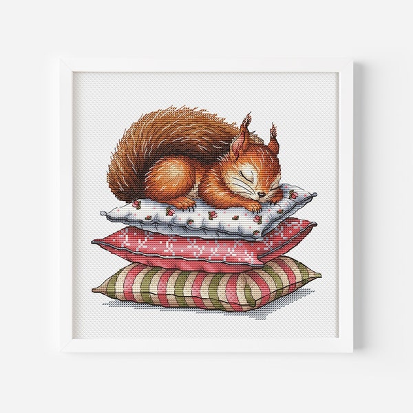 Squirrel Cross Stitch Pattern Cozy Nap Time Squirrel Sleeping on Patterned Pillows PDF Digital File Instant Download Nature Sleeping Animal