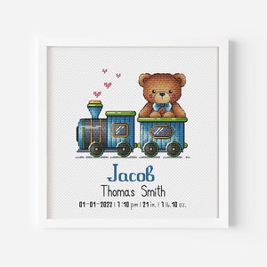 Padrão de ponto cruz personalizado para anúncio de nascimento de menino, tapeçaria personalizada para anúncio de bebê, PDF para impressão, placa de boas-vindas para chá de bebê