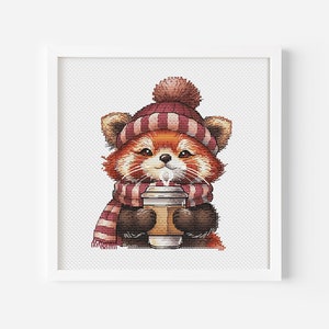 Panda roux avec motif point de croix café, panda roux brodé à la main, fichier numérique PDF confortable et mignon à télécharger, art animalier