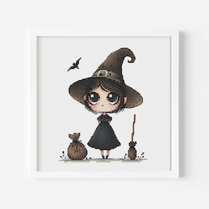 魔女のクロスステッチパターン、モダンゴスオカルトハロウィーンDIYハンド刺繍デザイン、かわいいホラー魔女コテージコアデジタルダウンロードPDF