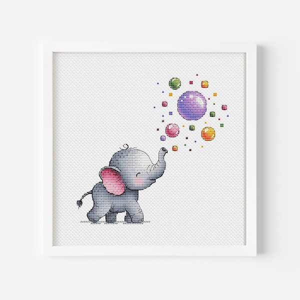 Éléphant soufflant des bulles colorées, motif de point de croix, projet facile et amusant pour les enfants, motif de broderie aquarelle lumineux adapté aux débutants