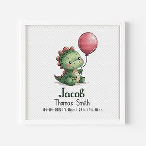 Patrón de punto de cruz con estadísticas de nacimiento de dinosaurio con nombre y medidas personalizadas PDF Llegada del pequeño bebé Dino Fecha de nacimiento Peso Longitud Crecer con Dino