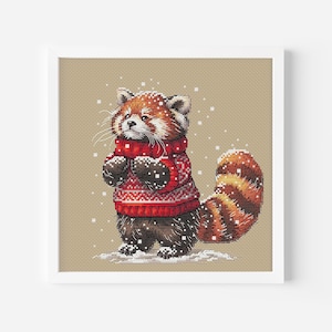 Rode panda in trui kruissteekpatroon, fuzzy vriend rode beer gedetailleerd ontwerp winter handborduurwerk direct downloaden digitaal bestand pdf