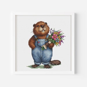 Busy Beaver in Overalls and Floral Bouquet Cross Stitch Pattern Woodland Nursery Hand Embroidery Digital File Printable PDF Instant Download