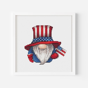 Patriotic 4th of July Gnome Cross Stitch Patterns PDF,Uncle Sam Gnome Chart,Stars and Stripes Embroidery,American Gnome Digital File