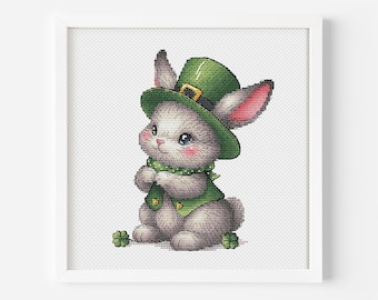 Patrick Rabbit Cross Stitch, Patrick Bunny Cross Stitch Patroon, St. Patrick's Day Shamrocks Borduren, Digitaal Bestand PDF Instant Download