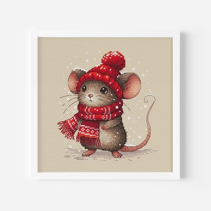 Mouse in a Beanie and Scarf Cross Stitch Pattern PDF, Christmas Mouse Hand Embroidery Design, Instant Download Needlepoint Printable File