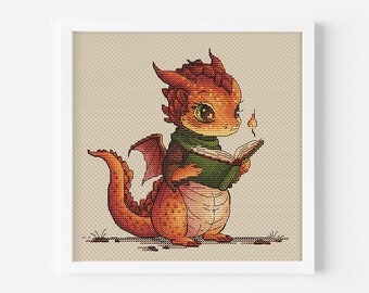 Dragon Cross Stitch Pattern, Fabulous Dragon Student, Dragon Embroidery Pattern, Fairy Dragon Fire Cozy Funny Pattern Digital Download PDF