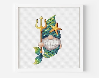 Motif sirène au point de croix nain marin avec trident motif point de croix PDF océan roi fée kawaii broderie à la main