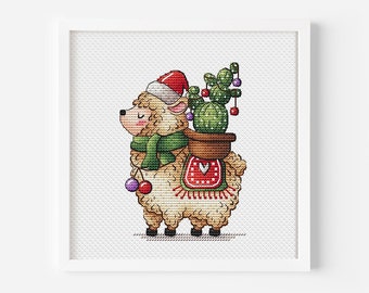 Alpaca in Santa Claus Hat with Christmas Cactus Cross Stitch Pattern, Alpaca Hand Embroidery Cactus Christmas Decor Llama Holiday Needlework
