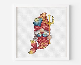 Patrón de punto de cruz de sirena Princesa del océano Chica gnomo con tridente Patrón de punto de cruz PDF Hada Kawaii Bordado a mano Gráfico de punto de aguja