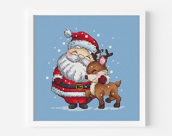 Santa Hugging Reindeer Cross Stitch Pattern, Christmas Embroidery PDF Digital File Instant Download