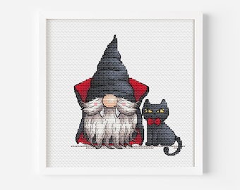 Scary Halloween Gnome Cross Stitch Pattern Vampire and Black Cat Vampire Teeth Halloween Decorations Instant Download Witchy Cross Stitch