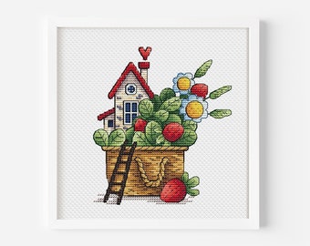 Strawberry House Cross Stitch Chart, Flower Cross Stitch Pattern PDF,Plant Hand Embroidery Design,Needlepoint Digital File Instant Download