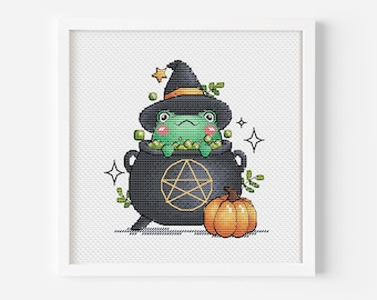 Creepy Cute Frog in a Halloween Cauldron Cross Stitch Pattern Instant Download Halloween Pattern Hand Embroidery Do It Yourself Spooky Decor