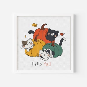 Pumpkin Pattern, 3 Halloween Cats Cross Stitch Pattern PDF, Instant Download, Hand Embroidery Design, Funny Cats, Fall Decor Digital File
