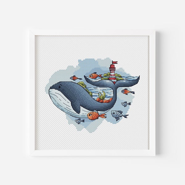 Blue Whale Cross Stitch Pattern PDF, Tropical Fish Cross Stitch, Ocean Animal Cross Stitch, Sea Ornament Home Decor ,Whale Embroidery Design