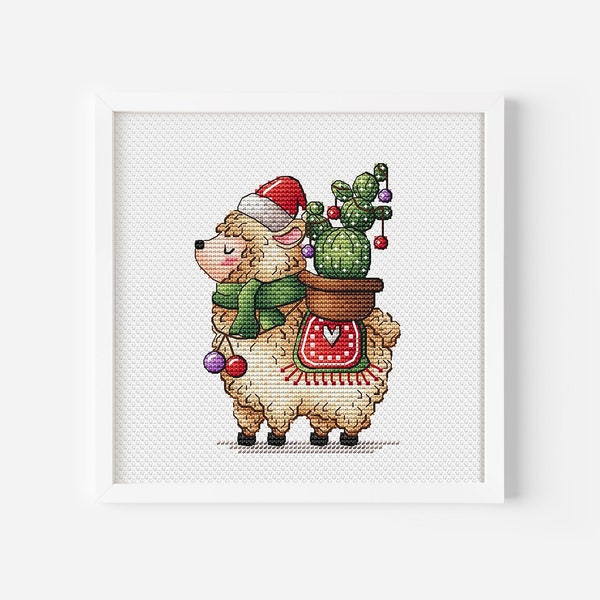 Alpaca in Santa Claus Hat with Christmas Cactus Cross Stitch Pattern, Alpaca Hand Embroidery Cactus Christmas Decor Llama Holiday Needlework