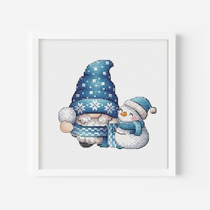 Christmas Gnome with Snowman Cross Stitch Pattern, Printable Digital Design, Instant Download for Winter Wonderland, Gnome Hand Embroidery