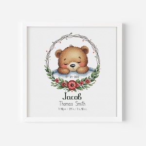 Birth Announcement Cross Stitch Pattern Personalized Welcome Baby Sign Metric Custom Newborn Announcement with Bear Embroidery Keepsake