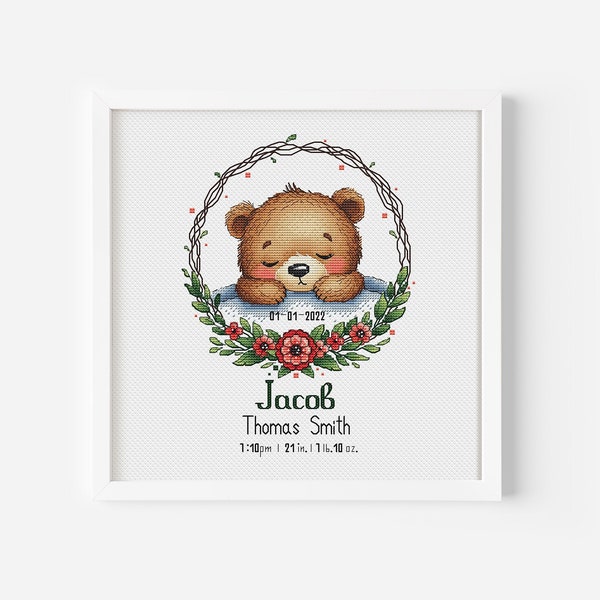 Birth Announcement Cross Stitch Pattern Personalized Welcome Baby Sign Metric Custom Newborn Announcement with Bear Embroidery Keepsake