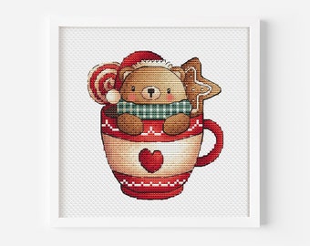 Bear Cross Stitch Pattern PDF, Cup Cross Stitch Instant Download, Animal Counted Cross Stitch, Cute Teddy Bear Cross Stitch, Christmas Decor