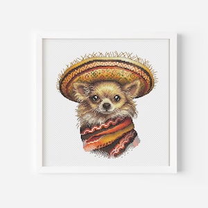 May include: A brown and white chihuahua wearing a yellow and red sombrero and a red and yellow scarf. The chihuahua is looking directly at the viewer.