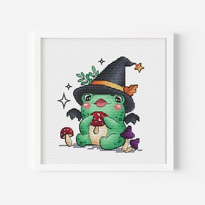 Witchy Frog Cross Stitch Pattern, Halloween Magic Frog, Magic Mushroom Autumn Printable Instant Download PDF Design DIY Halloween Decoration