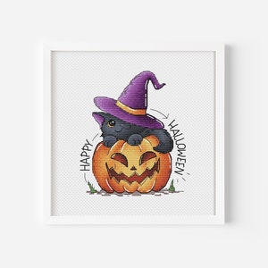 Halloween Black Cat Cross Stitch Pattern PDF Instant Download, Pumpkin Cross Stitch, Cat Cross Stitch Counted Chart, Funny Cross Stitch